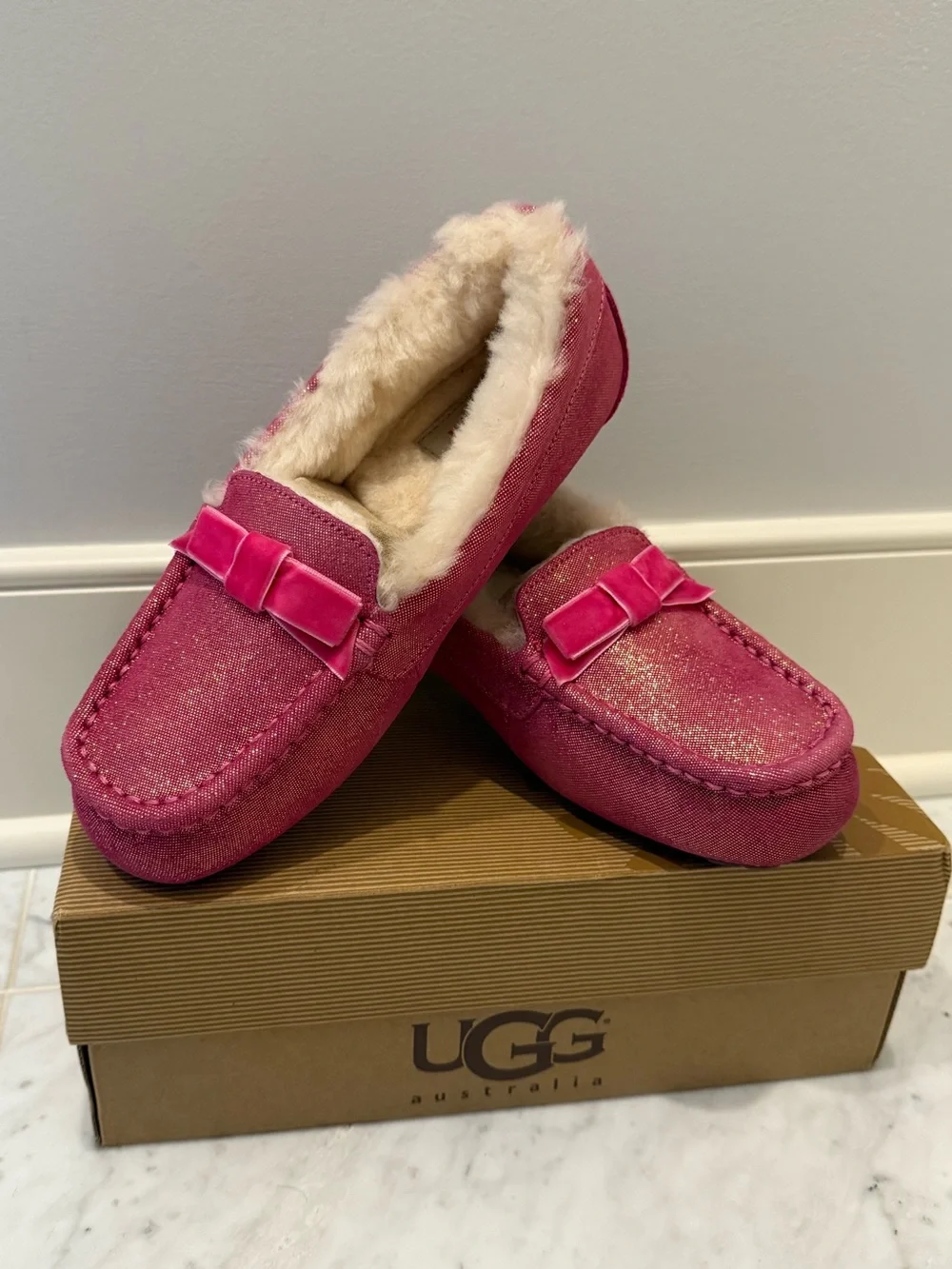 UGG Kids Hot Pink Glitter Bow Moccasin Slippers